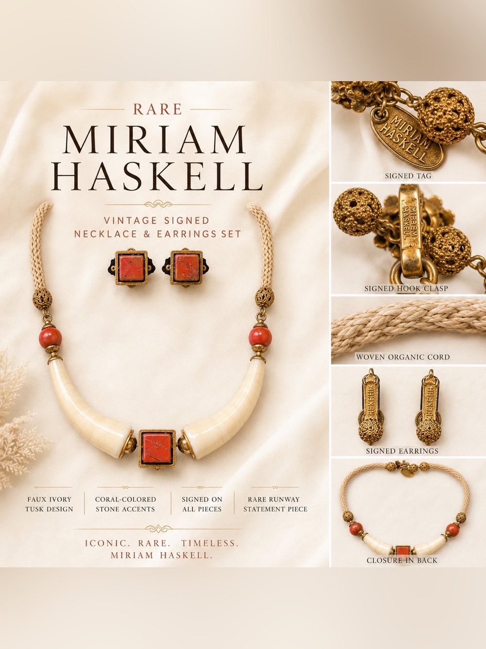 Rare Miriam Haskell Signed Faux Tusk Necklace & Earrings Runway Couture